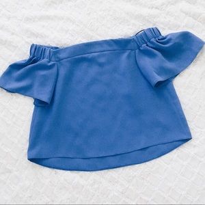 • blue bardot off the shoulder top — topshop